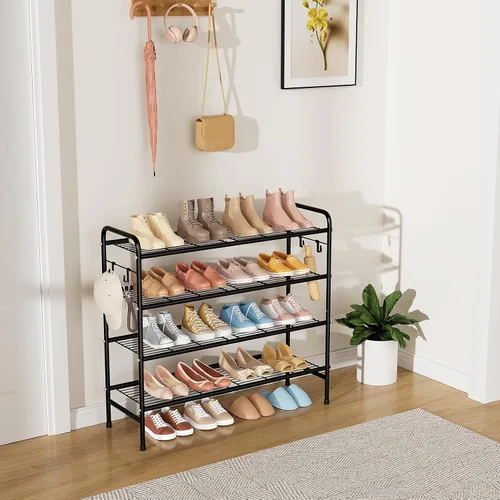 Vista 2 de VILICK Zapatero de Metal de 4 Niveles de 33" de Ancho, Organizador de Zapatos Largo, Almacenamiento de Zapatos con 4 Ganchos Laterales, Estante