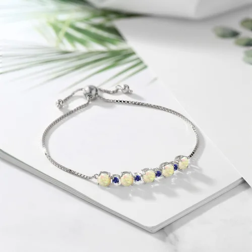 Vista 3 de Gem Stone King Pulsera de tenis de plata 925 con zafiro creado en azul de ópalo etíope redondo, de 1.70 quilates, Metal Gema, Ópalo etíope Zafiro