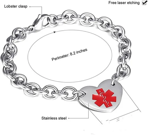 Vista 2 de LF - Pulsera de acero inoxidable 316L DNR grabada con alerta médica con dije de corazón, cadena Rolo, pulsera de identificación médica, monitoreo