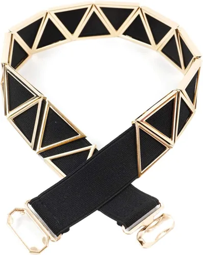 Vista 4 de Cinturón elástico ancho de metal triangular para mujer para vestidos cinturones elásticos con hebilla entrelazada, Oro