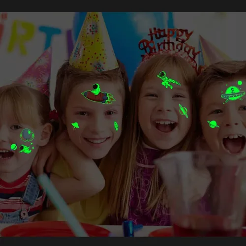 Vista 5 de CHARLENT Tatuajes luminosos del espacio exterior para niños, 14 hojas que brillan en la oscuridad, astronauta, planeta, tatuajes temporales