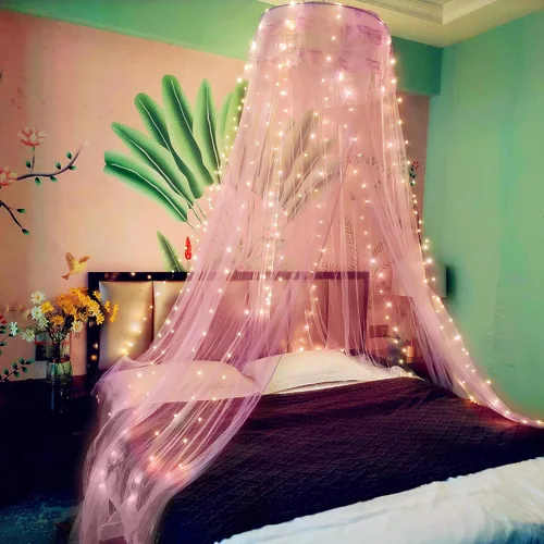 Vista 15 de Dosel de Cama de Encaje Mosquitera con Luces Cálidas, Dosel de Cama de Princesa para Decoración de Habitación de Niñas, Azul/Una Entrada Luces