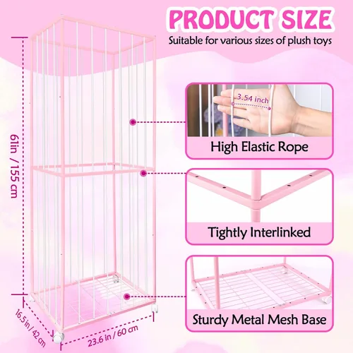 Vista 2 de Almacenamiento de animales de peluche, tubo de metal extra grande organizador de almacenamiento de juguetes con ruedas de freno, soporte