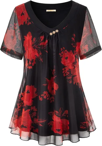 Vista 2 de BAIKEA Blusas de manga corta para mujer, estilo túnica de verano elegante, camisa de malla con estampado floral
