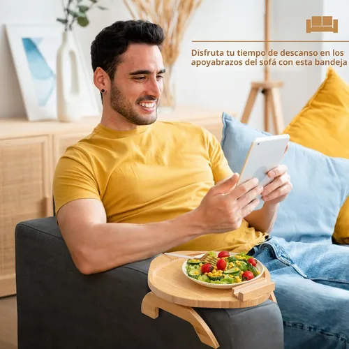 Vista 3 de SINWANT Mesa de brazo de sofá, mesa grande de bambú con clip para sofá con soporte para teléfono de 360°, mesa plegable para reposabrazos de sofá