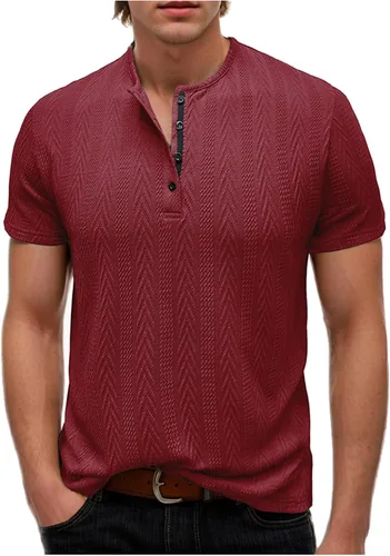 Vista 3 de Men's Knit Henley Shirts Jacquard Texture Fashion Golf Tops Summer Button Down Short Sleeve Casual Workout T-Shirts