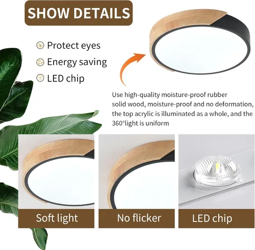 Vista 3 de Lámpara de techo LED moderna, 2 paquetes de luces de techo de montaje empotrado de madera, luces de cocina LED y accesorios de iluminación