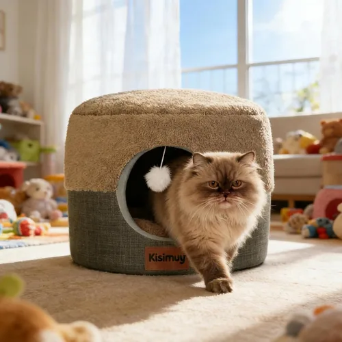 Vista 7 de Cueva de cama para gatos de interior, 2 en 1 plegable para gatos y cama lounge con cojín reversible, casa cerrada calmante y antiansiedad