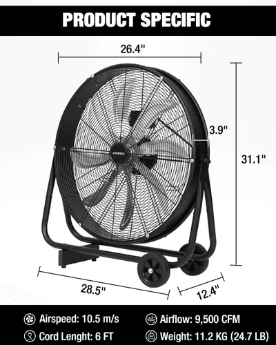 Vista 9 de Ventilador de tambor industrial de 24 pulgadas, 9,500 CFM de alta velocidad de 3 velocidades circulador de aire de metal resistente con mango