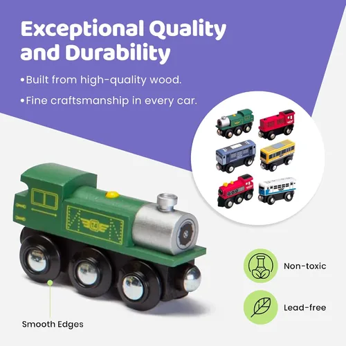 Vista 3 de Maxim Enterprise Juego de 6 vagones de tren de madera – Locomotora/tren clásico rodante motores compatibles con Thomas Wooden Railway, Brio y otros