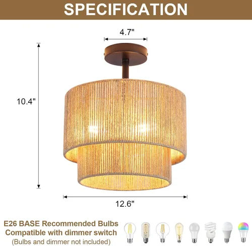 Vista 3 de 12.6" Boho Light Fixtures Ceiling Mount, Coastal Hemp Rope Semi Flush Mount Ceiling Light,3-Light Rustic Rattan Ceiling Light With 2-Tier Drum Shade