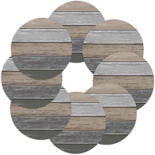Vista 10 de Juego de 4 manteles individuales redondos de madera degradada, lavables, estilo vintage, marrón, gris, trenzado, resistente al calor, para cocina