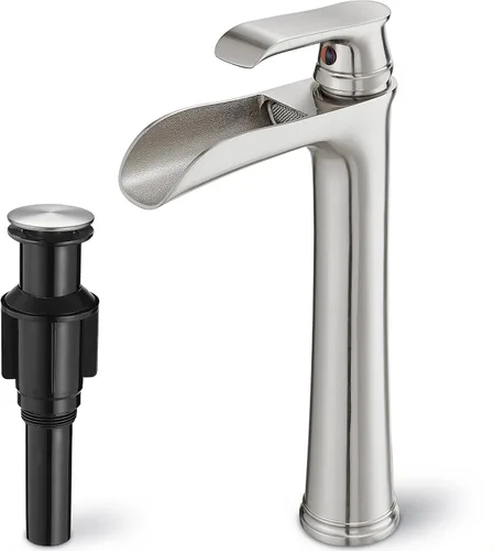 Vista 12 de Grifo para fregadero de recipiente, grifo de baño alto de latón en cascada, 1 manija, grifos dorados para mueble de baño, 1 agujero con drenaje