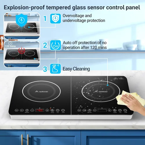 Vista 4 de Aobosi - Cocina de doble inducción, cocina de inducción portátil con control independiente de 2 quemadores, cuerpo ultrafino, 10 temperaturas, 1800