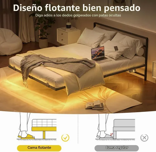Vista 4 de Marco de cama flotante completo con cabecero, marco de cama de plataforma moderna con luces LED y estación de carga USB, marco de cama de metal