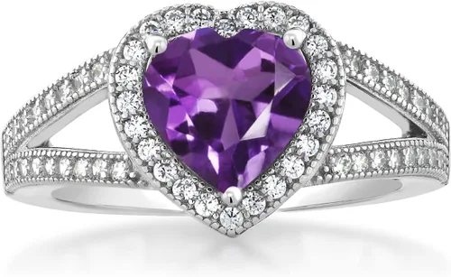 Vista 3 de Gem Stone King Anillo de halo de moissanita blanca y piedra natal de corazón de 0.315 in para mujer, plata de ley 925, joyería para aniversario