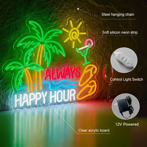 Vista 5 de 24inch Always Happy Hour Tiki Beer Bar Neon Sign for Wall Decor