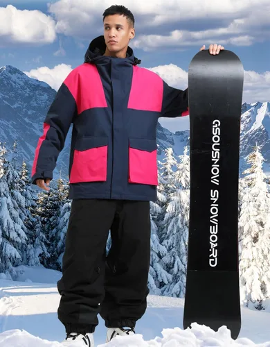 Vista 39 de GSOU SNOW Chaqueta de esquí para hombre, abrigo de nieve para snowboard, cálido, invierno, impermeable, con capucha