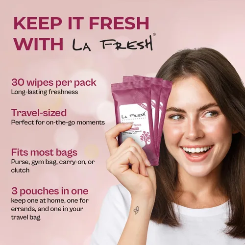 Vista 5 de LA Fresh Toallitas de higiene femenina para mujer, tamaño de viaje, paquete de 3 (30 unidades) Aloe Vera, Chamomile, Cucumber & Vitamin E Infused