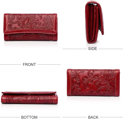 Vista 20 de MEITRUE Cartera de cuero para mujer, con bloqueo RFID, triple pliegue, con relieve, soporte para tarjetas, organizador de chequera para teléfono