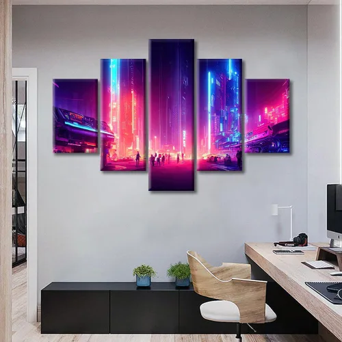Vista 255 de Cuadros de 5 paneles de Cyberpunk City, arte de pared, representación de vallas publicitarias, edificios modernos en la capital con obras de arte