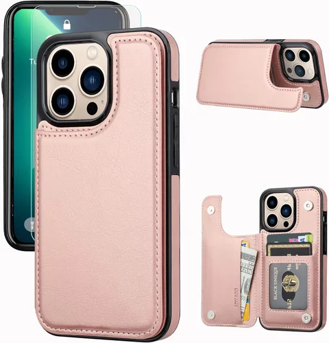 Vista 10 de Funda tipo cartera compatible con iPhone 13 Pro de 6.1 pulgadas, funda protectora delgada con tarjetero, piel sintética de alta calidad, ranuras