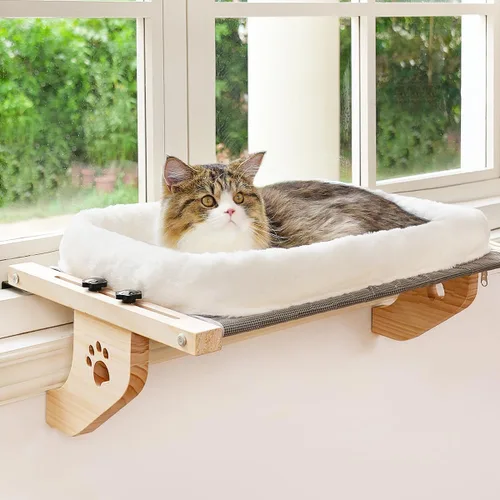Vista 9 de AMOSIJOY Percha de Ventana para Gatos Sillón de Hamaca Robusto con Funda de Almohadón, Marco de Madera y Metal para Gatos Grandes, Cama de Gato Gris