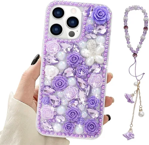 Vista 20 de para iPhone 14 Pro - Funda con Purpurina y Diamantes de Imitación, de Lujo, con Cristales Brillantes, Flores de Rosa, Perlas Florales, Pulseras