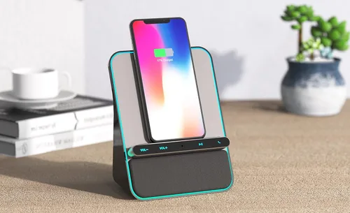 Vista 6 de Azpen - Base de audio de carga inalámbrica con altavoces Bluetooth duales de 8 vatios, micrófono mejorado para llamadas manos libres, cargador