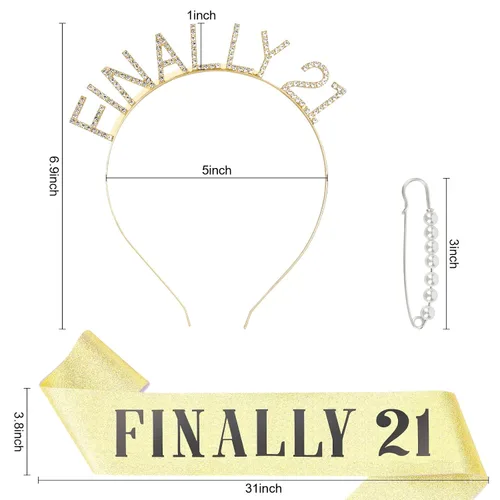 Vista 4 de Semato Kit de diadema de cumpleaños de 21 cumpleaños con banda y diamantes de imitación "FINALLY 21", decoración de cumpleaños de 21 años, regalos