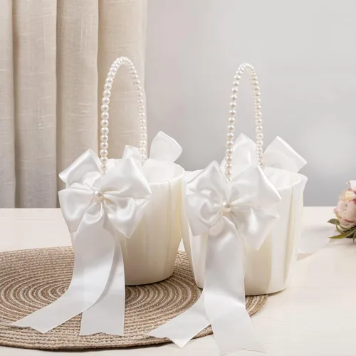 Vista 6 de Cestas de niña de flores para boda, cesta de flores marfil con mango de perlas, juego de 2 cestas de boda para niñas de flores