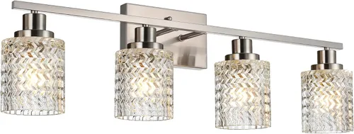 Vista 16 de MELUCEE Aplique de pared de 2 luces con pantalla de vidrio martillado, luces de baño de níquel cepillado sobre el espejo, accesorios de iluminación