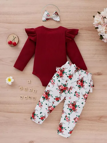 Vista 2 de JEONEKID Newborn Baby Girl ClothesInfant Outfits Long Sleeve Ruffle Trim Bodysuit and Pants Set and Headband for Girls