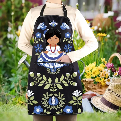 Vista 5 de WCGXKO Delantal de cocina inspirado en El Salvador, regalo de arte floral salvadoreño, mercancía de flores de El Salvador