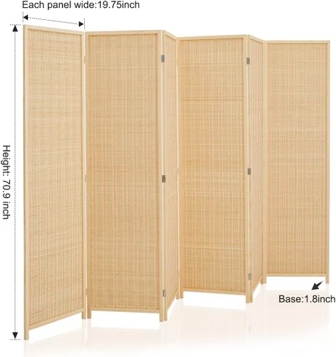 Vista 2 de Divisor de habitación con bambú natural, 6 paneles plegables de privacidad, separador de habitación independiente, color beige