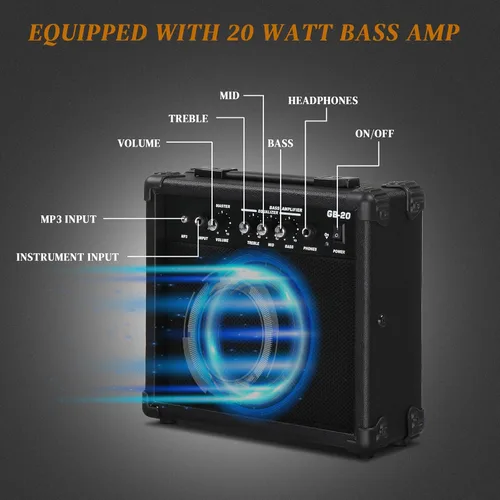 Vista 3 de Ktaxon Bajo eléctrico con amplificador de 20 W, kit de bajo eléctrico de 4 cuerdas para diestros para principiantes y profesionales con bolsa, Negro