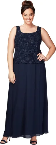 Vista 2 de Alex Evenings Vestido largo para mujer con chaqueta escote mandarín (Regular Petite Plus), azul marino Plus