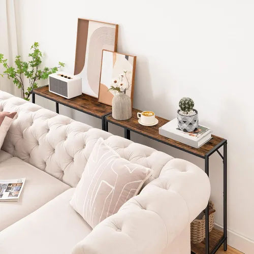 Vista 13 de MAHANCRIS Mesa consola, mesa de entrada de 2 niveles, detrás de la mesa del sofá, estilo industrial, resistente y estable, para sala de estar