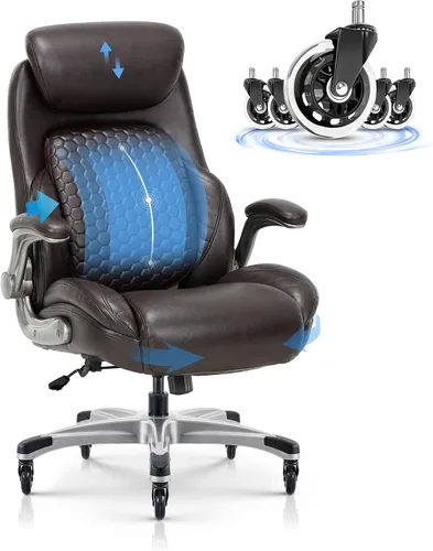 Vista 7 de COLAMY Silla de escritorio de oficina, silla ergonómica para computadora con brazos abatibles acolchados y cojín grueso, silla de oficina de cuero
