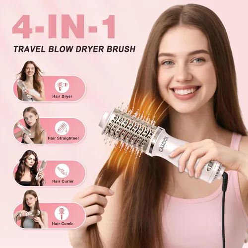 Vista 2 de Cepillo Secador de Cabello de Doble Voltaje para Viajes, Cepillo Secador 4 en 1, Mini Cepillo de Aire Caliente de 2 Pulgadas para Cabello Corto