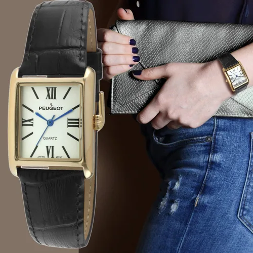 Vista 3 de Peugeot reloj de mujer enchapado en oro 14K, correa de cuero