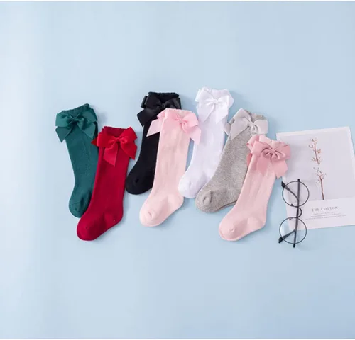 Vista 6 de BULINGNA Calcetines de princesa con lazo, color sólido, con volantes, hasta la rodilla, para bebé, para uniforme escolar