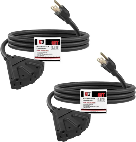 Vista 16 de EP Cable de extensión para exteriores de 6 pies, 16/3 SJTW, 3 tomas de corriente eléctrica, negro Enchufe a tierra de 3 puntas, para luces