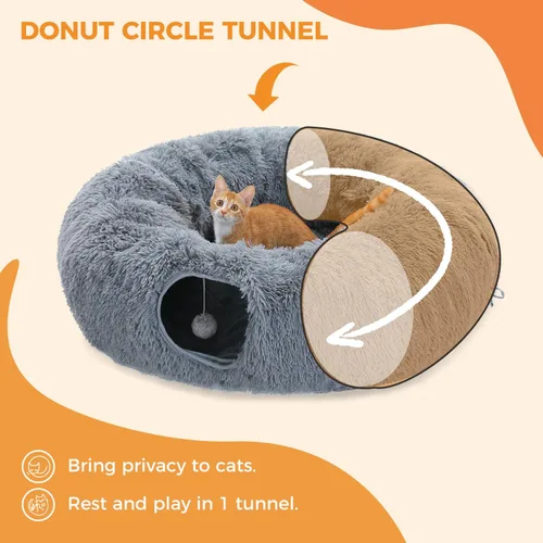Vista 3 de PAWZ Road Túnel grande para gatos, cama túnel para gatos con alfombrilla central suave y bolas colgantes, tubo plegable de felpa esponjosa