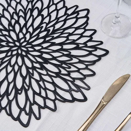 Vista 2 de Efavormart - Juego de 6 manteles individuales de vinilo floral negro de 15 pulgadas, antideslizantes, redondos, con corte de flores, metálicos