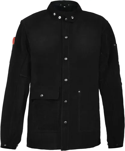 Vista 5 de Chaqueta de soldadura de cuero negro, chaquetas de seguridad de trabajo de cuero de vacuno dividido FR resistente, chaquetas de soldador