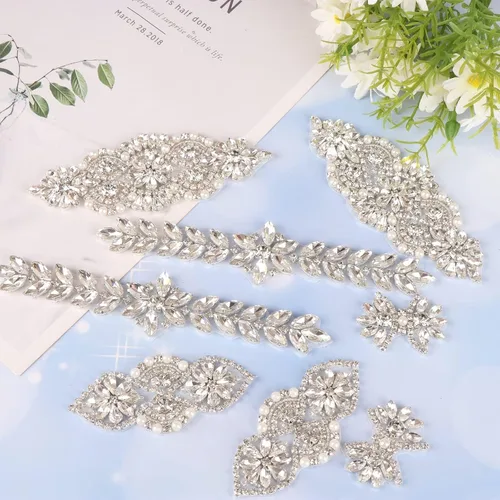 Vista 9 de 8 piezas de apliques de diamantes de imitación de cristal plateados para planchar con apliques de fijación en caliente para vestido de novia vestido