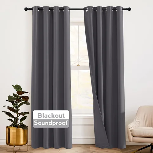 Vista 33 de RYB HOME - Cortinas con cancelación de ruido de 63 pulgadas de largo, juego de 2 paneles, 3 capas totales, cortinas opacas, insonorizadas