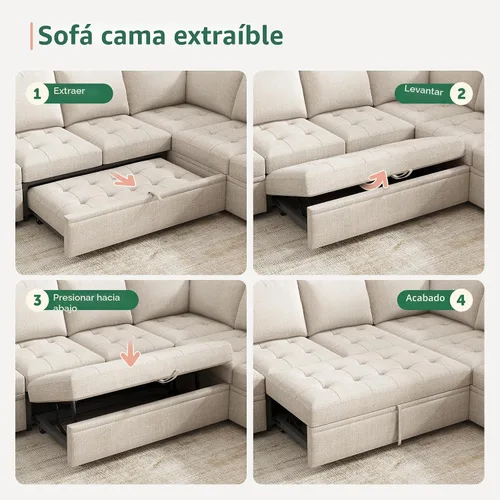 Vista 5 de HONBAY Sofá cama modular modular con cama extraíble, sofá en forma de L con asiento de almacenamiento, sofás seccionales para sala de estar, beige
