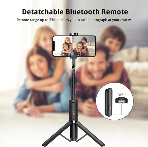 Vista 4 de Atumtek Trípode para selfie stick con 3 controles remotos Bluetooth, trípode de aluminio extensible 3 en 1 con control remoto recargable y 2